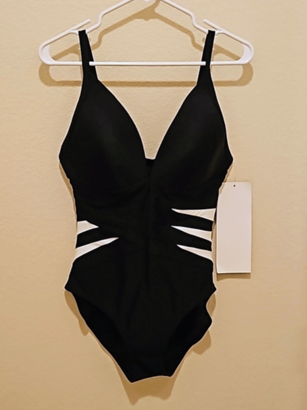 Black One-Piece Swimsuit with White Cutout Accents